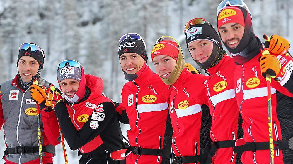 Das ÖSV-Team in Ruka: Philip Orter, Lukas Klapfer, Thomas Joebstl, Franz-Josef Rehrl, Martin Fritz and Lukas Greiderer (von links)