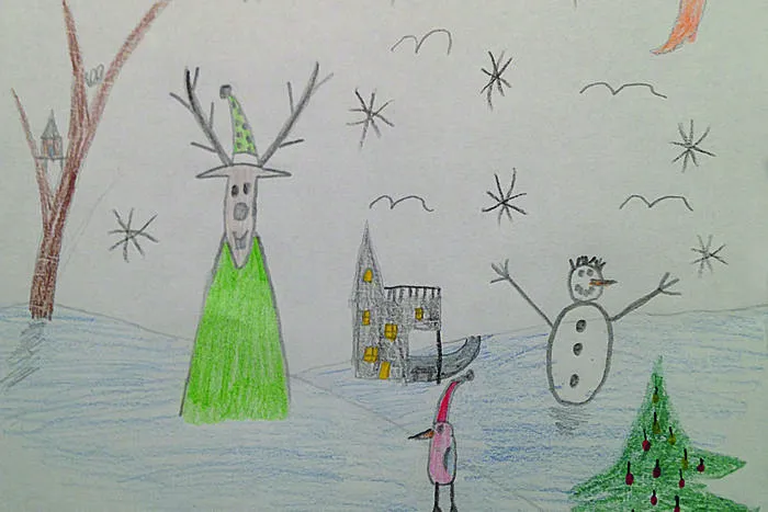 4. Dezember: Die heutige Adventzeichnung stammt aus der Feder von Mathias Fischer (8) aus Eberndorf. Was zeigt sie? „Die Weihnachtsstimmung mit Rentier Rudolf, die Vorfreude auf den Schnee und natürlich den Christbaum mit Geschenken", beschreibt der junge Künstler sein Bild.