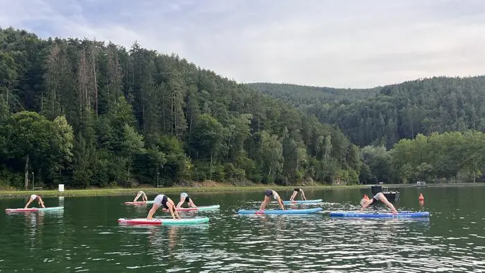 Wenn das SUP zur Yogamatte wird: Zahlreiche Übungen, sogenannte Asanas, werden auf dem Wasser gemacht, etwa der „Herabschauende Hund“ oder „Katze-Kuh“