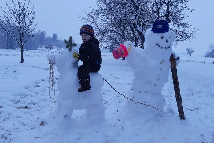 "Leonhard Feeberger (2,5 Jahre) muss selbst im ärgsten Schnee bei jedem Wetter mit seinem Opa Franz in Großfeistritz, Weißkirchen, die ausgekommenen Kühe wieder einfangen!" Vielen Dank an Magdalena Kaml für dieses entzückende Foto.