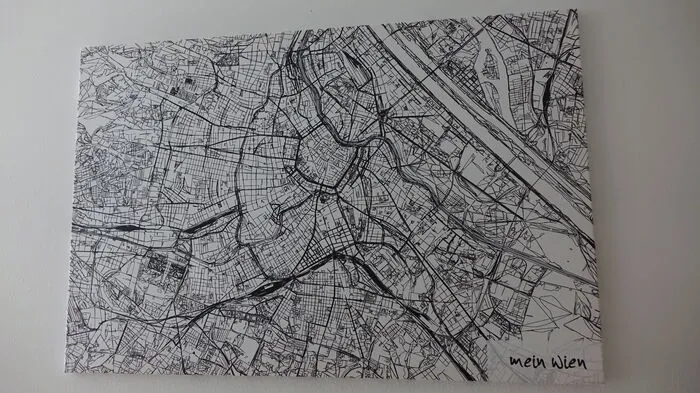 Die Straßen Wiens, gestaltet wie gezeichnet, hängen in Kraxners Wohnung.
