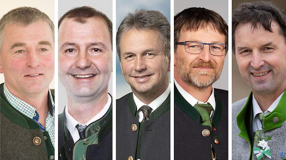 Die Spitzenkandidaten: H. Ilsinger (UBV), J. Moosbrugger (SP), F. Titschenbacher (VP), A. Lackner (Grüne) A. Royer (FPÖ)