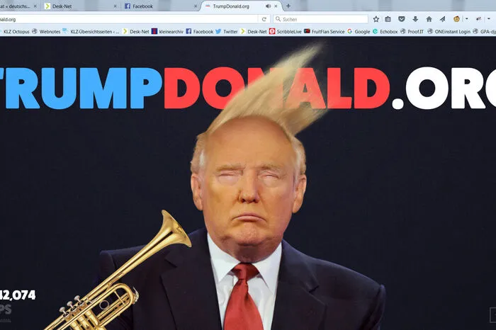 Auf der Homepage http://trumpdonald.org/ können Nutzer dem neuen US-Präsidenten kräftig den Marsch blasen. Per Maus lässt sich eine digitale Trompete rund um Trumps Kopf ziehen, die bläst ihm dann die Föhnfrisur in alle Richtungen.  