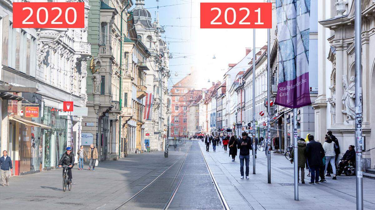 Die Grazer Herrengasse am 18. März 2020 und am 15. März 2021