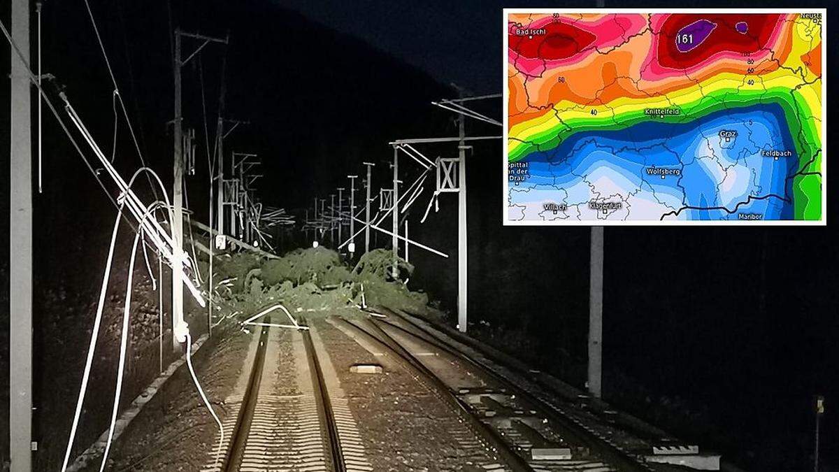 Zwischen Graz und Bruck fielen Bäume auf die Bahn-Oberleitungen. Kleines Bild: Schneeprognose bis Dienstag