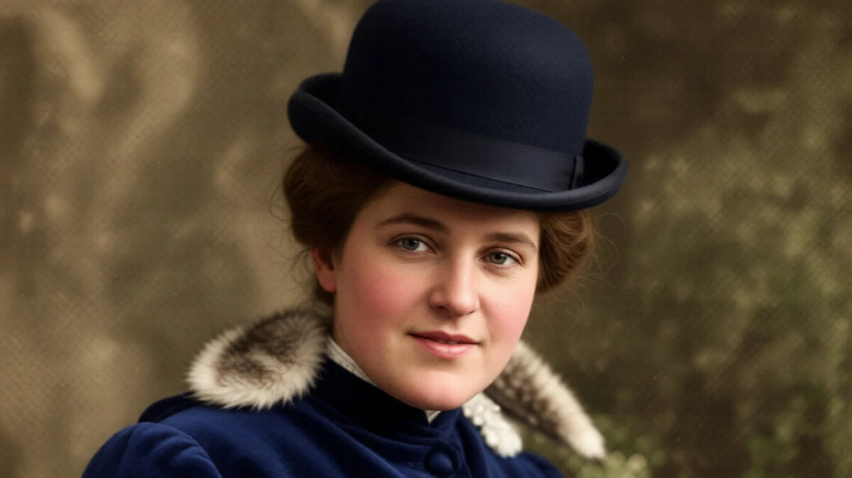 Junge Frau in Hut und Mantel aus einer alten Abbildung mit KI rekonstruiert