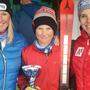 Eine frühere, ein künftiger und eine aktuelle Ski-Weltcupsiegerin auf einem Bild? Renate Götschl, Florian Nagl und Nicole Schmidhofer am Wochenende in Turnau