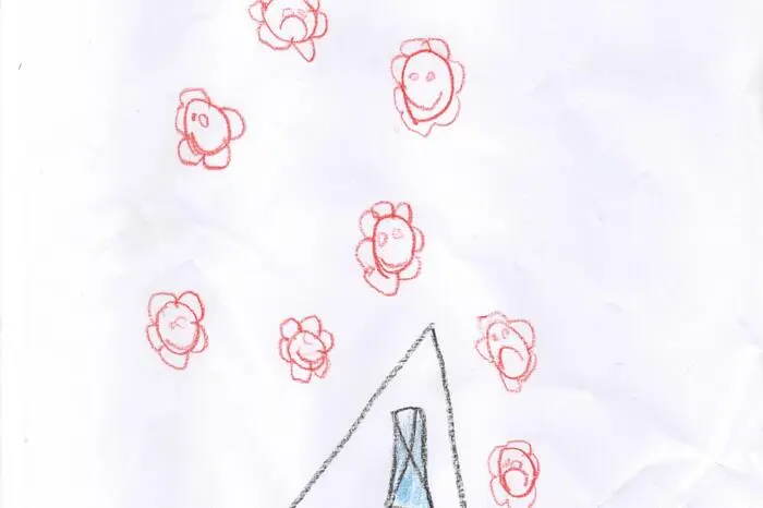 Mathias Haas (6 Jahre alt) malte dieses Bild für seine Oma und seine Uroma. Es soll zeigen, dass die beiden im Haus gut geschützt sind, während die Viren um das Haus herumkreisen.