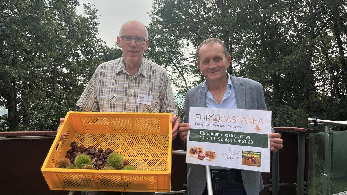 Johannes Schantl ((ARGE Zukunft Edelkastanie) und Bertrand Guérin (Präsident des europäischen Kastanienverbandes EUROCASTANEA) holten den Kongress dieses Jahr nach Leibnitz