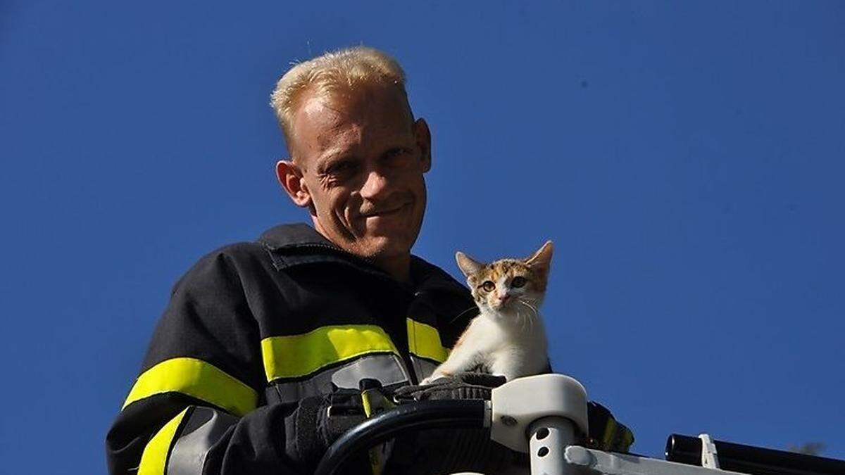 Mit der Drehleiter wurde die Katze in Sicherheit gebracht