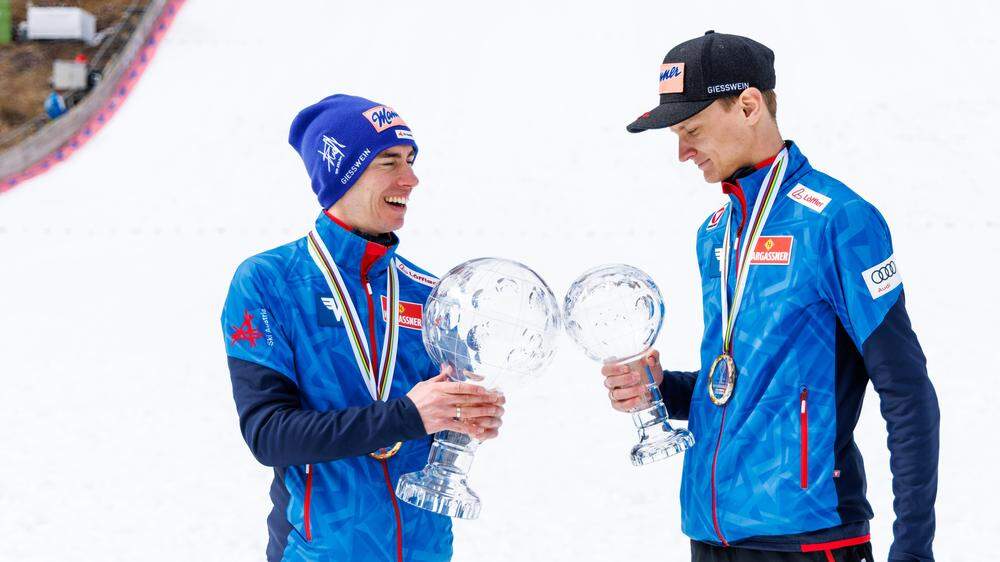 Seit 20 Jahren eng befreundet: Gesamtweltcupsieger Stefan Kraft mit Skiflug-Triumphator Daniel Huber (rechts)