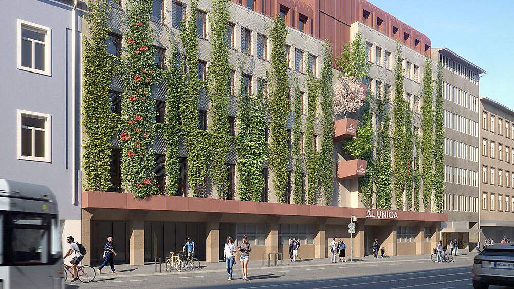Rendering-Darstellung der neuen Fassade der Uniqa Landesdirektion Steiermark in der Annenstraße
