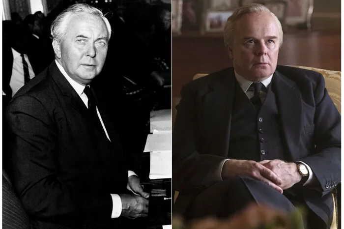 Links: der echte Premier Harold Wilson im Jahr 1966. Rechts: Schauspieler Jason Watkins als Wilson