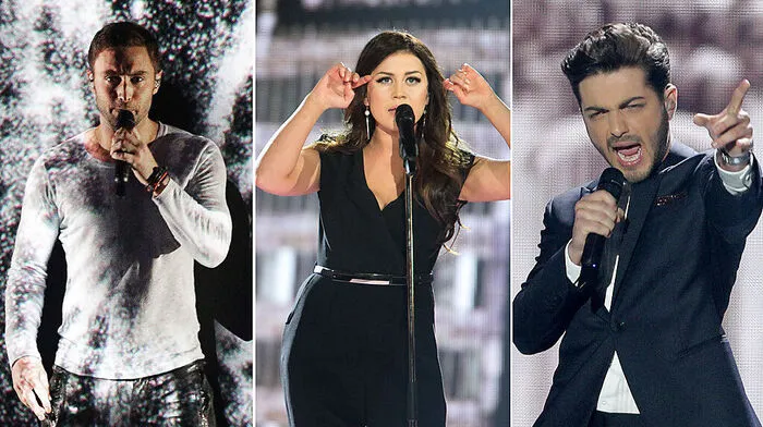 Von links: Sieger Mans Zelmerlöw (Schweden), Elina Born (Estland) und Gianluca Ginoble ("Il Volo", Italien)    