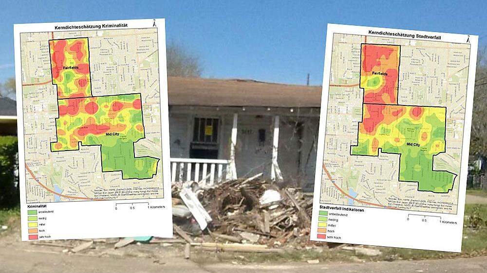 Ähnlichkeiten der roten und grünen Flächen auf den Karten lassen auf eine Korrelation zwischen Kriminalität und Stadtverfall schließen