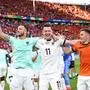 BERLIN,GERMANY,25.JUN.24 - UEFA EURO 2024, group stage, Austria vs Netherlands. Image shows the rejoicing of Marko Arnautovic, Michael Gregoritsch, Christoph Baumgartner and Maximilian Woeber (AUT).
Photo: GEPA pictures/ Armin Rauthner