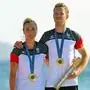 Gold medallist Austria's duo Lara Vadlau and Lukas Maehr pose during the award ceremony for the mixed 470 double-handed dinghy event during the Paris 2024 Olympic Games sailing competition at the Roucas-Blanc Marina in Marseille on August 8, 2024. (Photo by NICOLAS TUCAT / AFP)