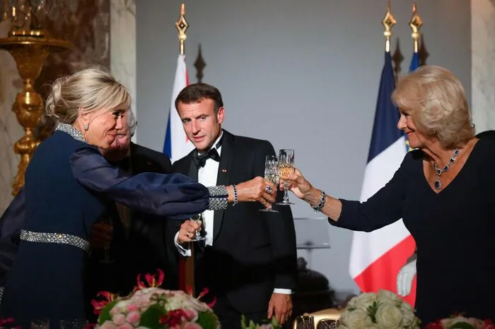 Königin Camilla und Brigitte Macron hatten sich für den festlichen Anlass für marineblaue Ballkleider entschieden.