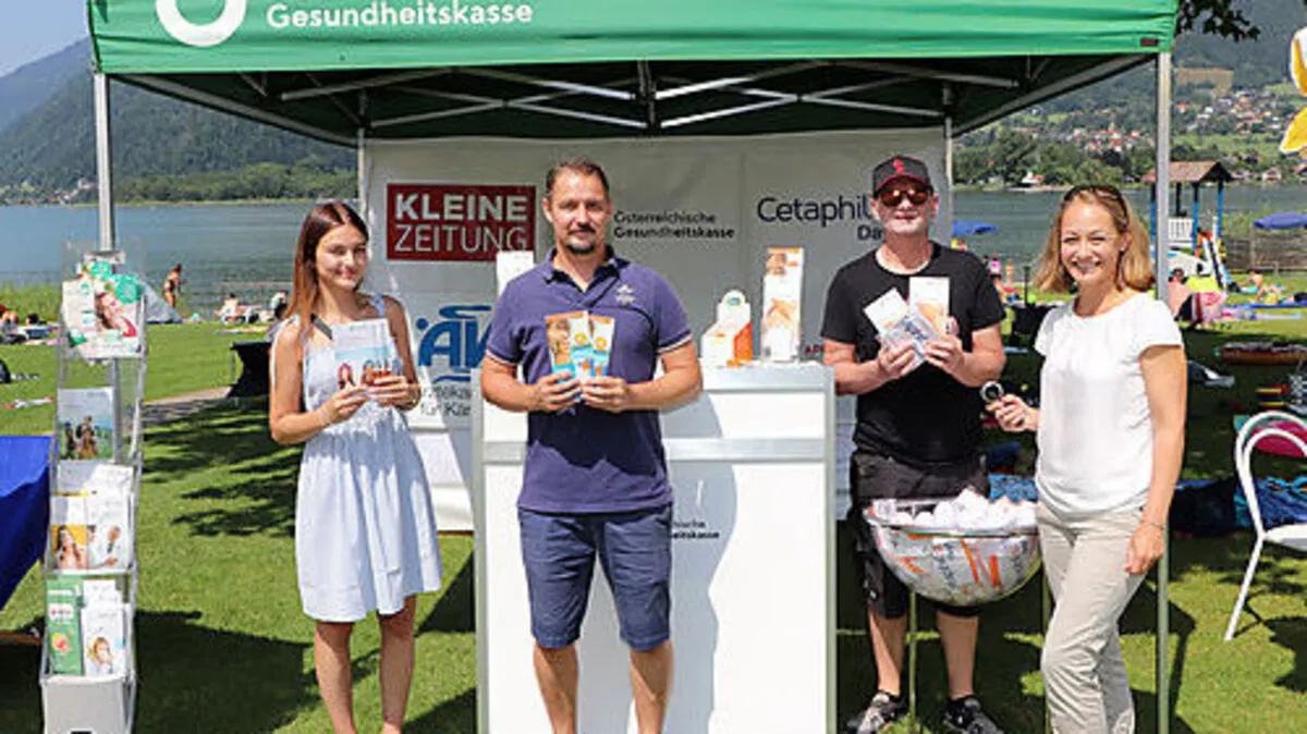 Anja Traußnig, Marco Strempfl, Alfred Pisernik und die Hautärztin Vera Weismayr-Dezulovic haben Kinder und Erwachsene über den richtigen Hautschutz aufgeklärt (von links)