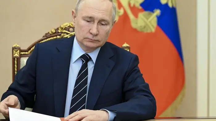 Russian President Vladimir Putin chairs a Security Council meeting via videoconference at the Kremlin in Moscow, Russia, Friday, July 14, 2023. (Aleksey Babushkin, Sputnik, Kremlin Pool Photo via AP)