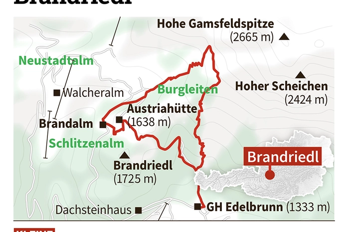 Ort: Ramsau am DachsteinAusgangspunkt: Gasthof Edelbrunn (1333 m)Gehzeit: Zum „Aussichtsbankerl“ am Gamsfeldgassel (2030 m) 2 Stunden; Abstieg über Brandriedl 2 Stunden. Für den gesamten Rundweg 4 bis 5 Stunden; 700 Höhenmeter