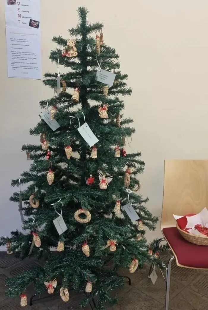 Auf den zwei Christbäumen hängen Zettel mit den Herzenswünschen von Kindern