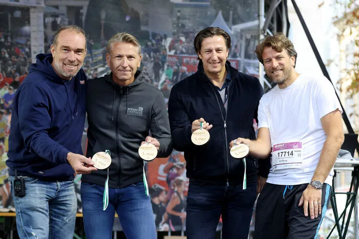 Gipfeltreffen beim Marathon: Organisator Michael Kummerer, Michael Witsch (Wr. Staedtische), Michael Schuen (Kleine Zeitung Sportchef) und Wolfgang Schaller (ORF Steiermark)