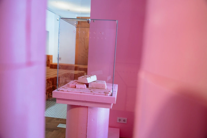 Mit Mehlwürmern in Rosarot begrüßt die Ausstellung ihre Gäste. Sie macht verschiedene Materialien sinnlich begreifbar, das zeigt sie schon am Empfang 
