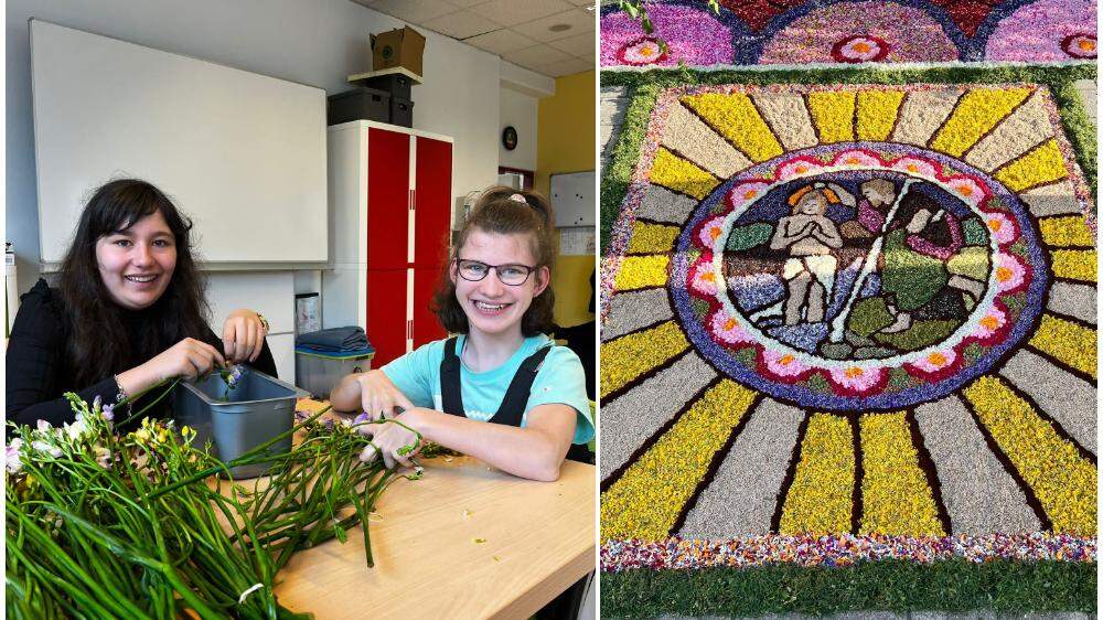 Annalena und Katrin (beide 15) beim Blumenzupfen und einer der prachtvollen Blumenteppiche aus dem Jahr 2022