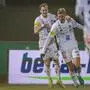 WOLFSBERG,AUSTRIA,07.DEC.24 - SOCCER - ADMIRAL Bundesliga, Wolfsberger AC vs Linzer ASK. Image shows the rejoicing of Erik Kojzek and Angelo Gattermayer (WAC).   
Photo: GEPA pictures/ Matthias Trinkl