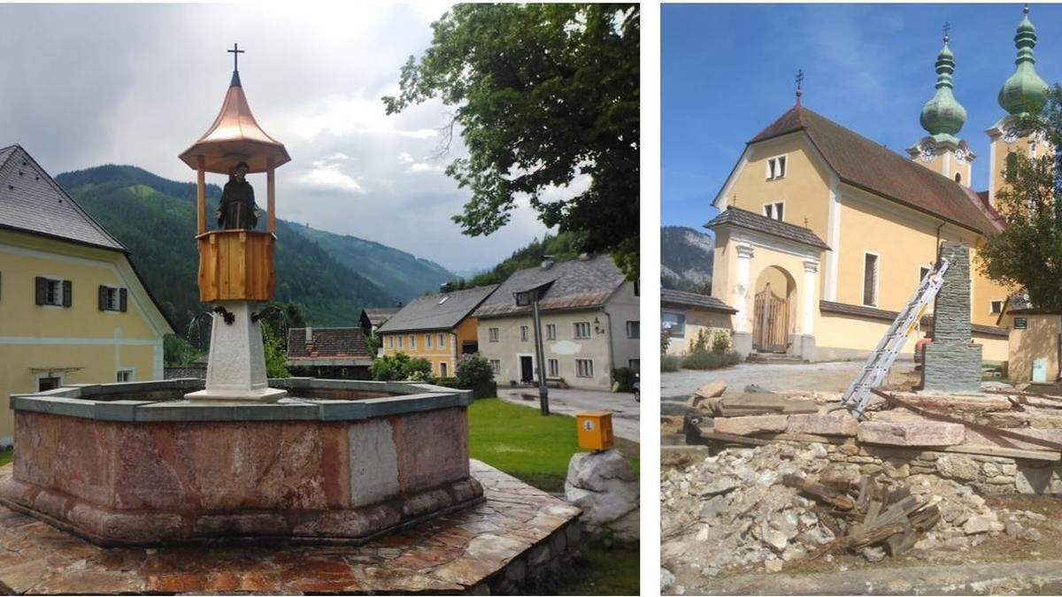 Vom jetzt frisch restaurierten und renovierten Antoniusbrunnen (l.) war im Sommer 2021 nicht viel zu sehen