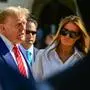 (FILES) Former US President and Republican presidential candidate Donald Trump (L) and former First Lady Melania Trump arrive to vote in Florida's primary election at a polling station at the Morton and Barbara Mandel Recreation Center in Palm Beach, Florida, on March 19, 2024. Extremely discreet in the White House and even more reserved since leaving Washington, Melania Trump is keeping observers guessing whether she will appear, however warily, on the campaign trail alongside her husband. Aloof and enigmatic, the Slovenian-born former model has been noticeably absent as husband Donald Trump makes his third bid for the White House. (Photo by GIORGIO VIERA / AFP)