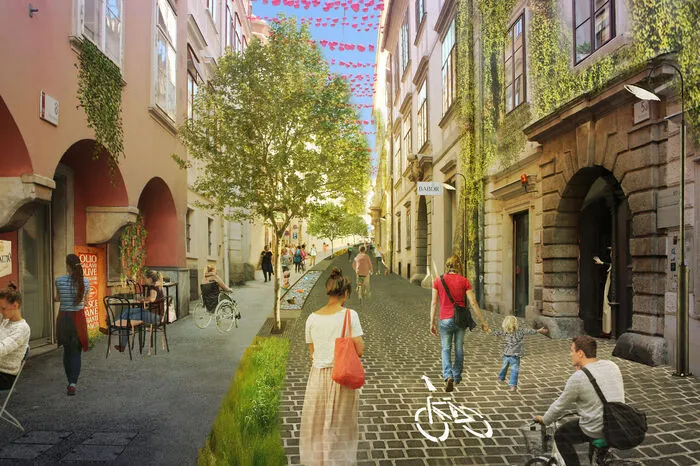 Idee von Daniela Mrazek: Die Bürgergasse wird zur Fußgängerzone. Ein Gehsteig bleibt, wird aber auf Straßenniveau gesenkt und mit einem Grünstreifen, einzelnen Bäumen und Wasserelementen abgetrennt. Auch die Straße gehört den Fußgängern, ist aber auch für Radfahrer und den Bus frei. Fassadenbegrünung sorgt ebenfalls für sommerliche Abkühlung.