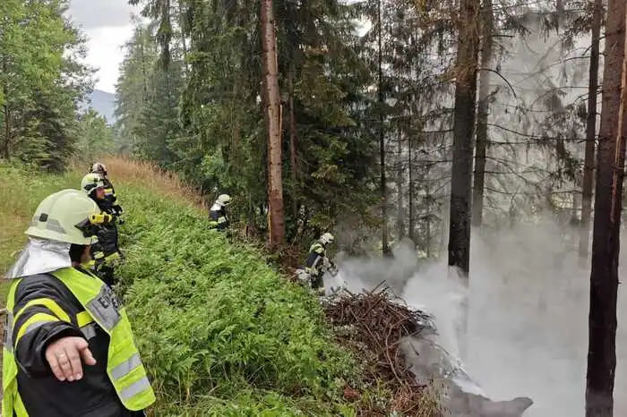 Durch das rasche Eingreifen der Einsatzkräfte konnte ein Ausbreiten des Brandes auf weitere Bäume verhindert werden. Zur Unterstützung der Nachlöscharbeiten wurde ein Kranfahrzeug der Firma Poschacher Kompost herangezogen.