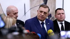 Bosnian Serb leader, Milorad Dodik (C) addresses the media after a visit of the University in East-Sarajevo, on April 24, 2025. Dodik, who is wanted on secession charges, returned to the Serb portion of the capital on April 24, 2025, hours after federal police tried to arrest him but backed down for fear of a conflict. (Photo by AFP)