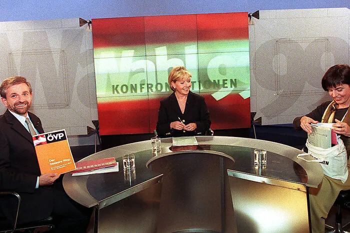 Zwei ORF-Diskussionsleiter gab es bei der Wahl 1999. Gisela Hopfmüller (hier mit ÖVP-Landwirtschaftsminister Wilhelm Molterer und Grünen-Klubobfrau Madeleine Petrovic) und ...
