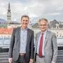 Der neue Kärntner SPÖ-Chef Daniel Fellner (links) und Finanzminister Markus Marterbauer über den Dächern von Klagenfurt