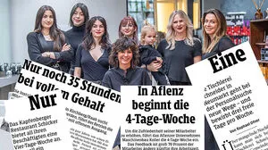 Gina Aichbauer (sitzend) und ein Teil ihres Teams: Dilan, Julia, Cornelia, Valentina, Kelsey mit Tochter Cameron und Karin (v. l.) 