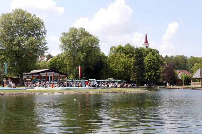 ...mit einem quarzgefilterten historischen Naturteich und einem modernen Schwimmer- und Nichtschwimmerbecken.