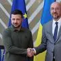 Ukraine president Volodymyr Zelensky and European Council President Charles Michel shake hands on the first day of the European council summit, Thursday 27 June 2024 in Brussels. PUBLICATIONxNOTxINxBELxFRAxNED BENOITxDOPPAGNE 95369663