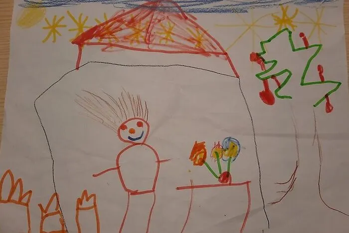 Wolfgang Muster aus Tragöß-St. Katharein ist fünf Jahre alt. Er hat uns ein Bild von der Bescherung bei ihm zu Hause gezeichnet – mit Christbaum und vielen Päckchen.