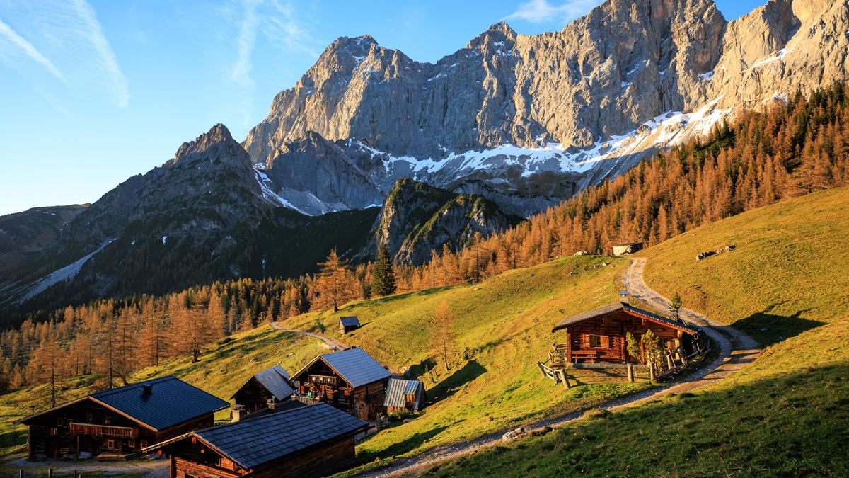 In den kommenden Tagen laden milde Temperaturen und eine goldige Herbststimmung zu ausgedehnten Spaziergängen und Wanderungen ein - wie hier auf der Neustattalm am Fuße der Dachstein-Südwand