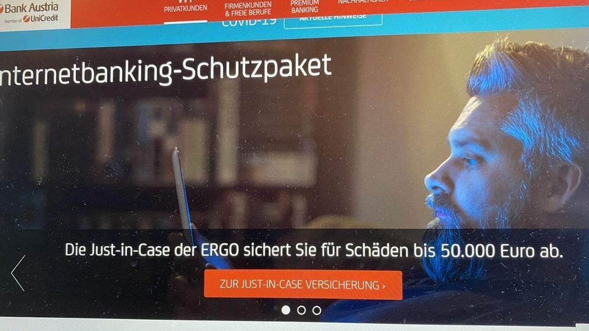 Bank Austria-Homepage mit Werbung für die &quot;Just in Case&quot;-Versicherung