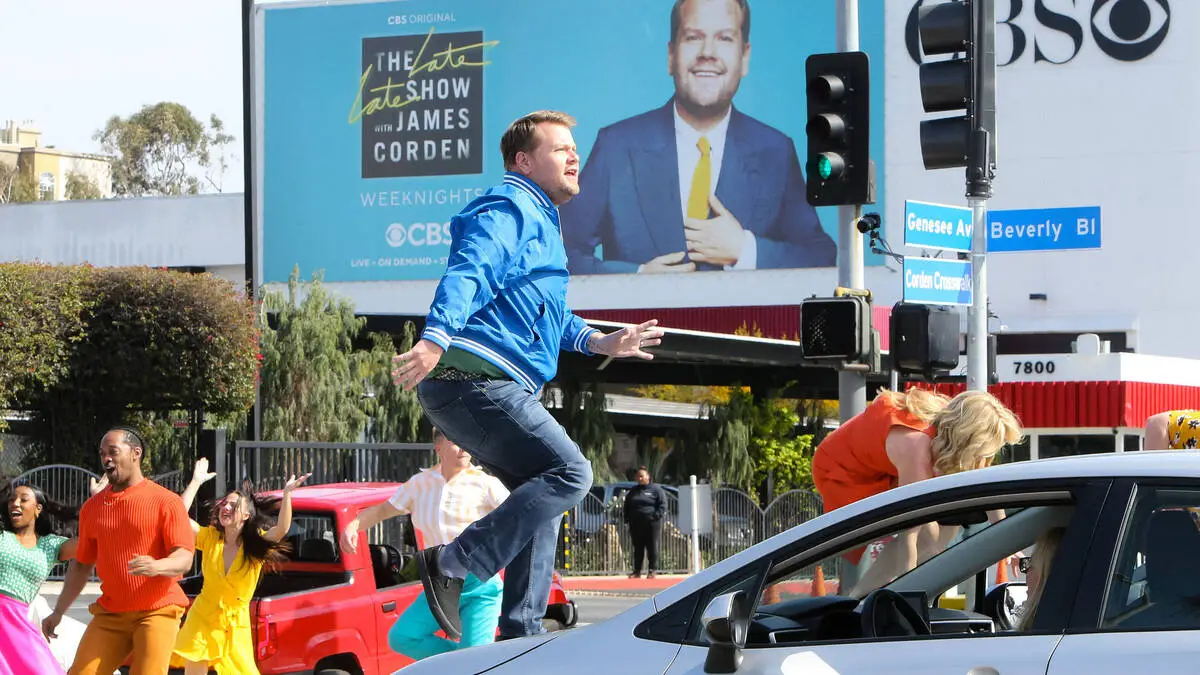 Der britische Schauspieler und Moderator James Corden bei Dreharbeiten zur "Late Late Show"
