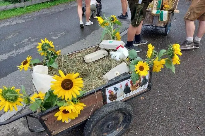 Zum Jubiläum wurde am Samstag in Peterdorf ein besonderer Umzug veranstaltet: 15 Teilnehmer präsentierten kreativ gestaltete „Milchwagerl“.