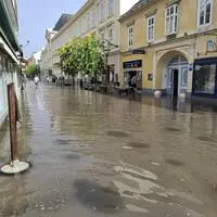 Zahlreiche Bäume stürzten um, mehrere Keller und Tiefgaragen wurden überflutet, berichtete die Feuerwehr. Im Bild: Die Situation in Wiener Neustadt.