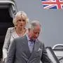 (FILES) In this file photo taken on March 24, 2019 Britain's Prince Charles and his wife Camilla arrive at Jose Marti International Airport in Havana. - Charles III arrives in France on Sunday, March 26, for his first state visit as king, but the planned celebrations of historic cross-Channel relations face potential disruption from protests over unpopular pension reforms. (Photo by Adalberto ROQUE / AFP)