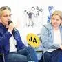 Wirtschaftsstadtrat Kurt Hohensinner (ÖVP) und Vizebürgermeisterin Judith Schwentner (Grüne) bei einer Podiumsdiskussion