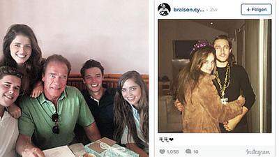 Arnold mit seinen Kindern Christopher, Kathrin, Patrick und Christina. Letztere zusammen mit Braison Cyrus auf einem Instagram-Bild...