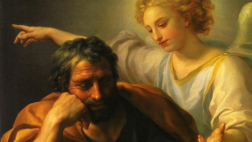 Auf dem Bild „Der Traum des heiligen Joseph“ von Anton Raphael Mengs zeigt ein Engel Josef den richtigen Weg
